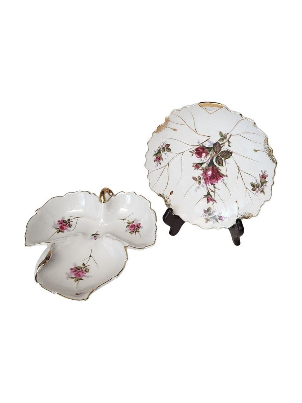 2 Vintage Trinket  Maple Leaf Shaped Pink Rose Porcelain Dish Plate Discontinued